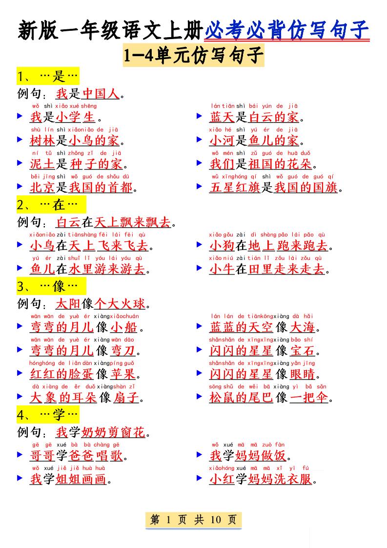 新一上语文必考必背仿写句子(含仿写练习10页)-创业信息网