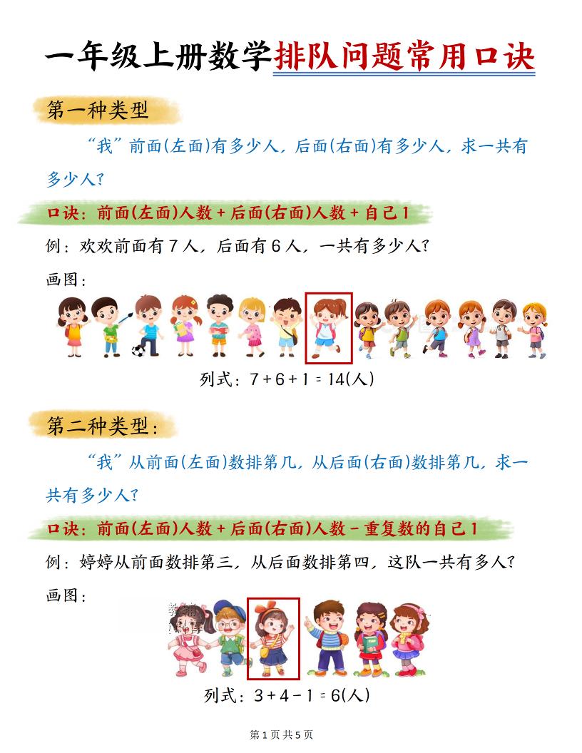 一年级上数学排队问题常用口诀-创业信息网