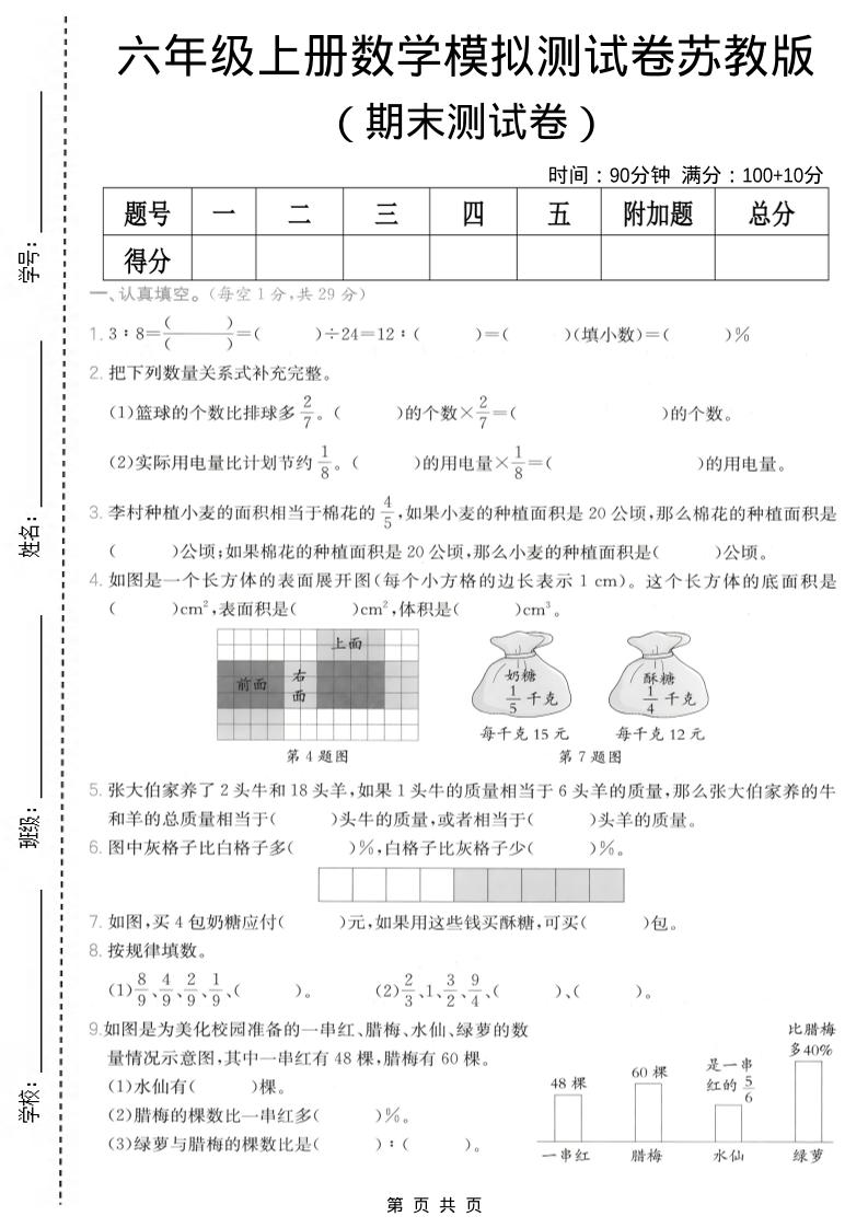六年级上数学期末模拟测试卷8《苏教版》-创业信息网