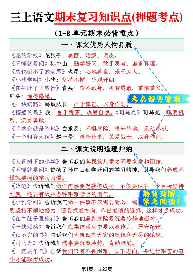 三年级上语文期末复习知识点(押题考点)-创业信息网