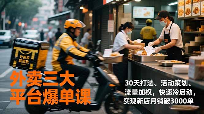外卖三大平台爆单课,30天打法、活动策划、流量加权,快速冷启动,实现新店月销破3000单