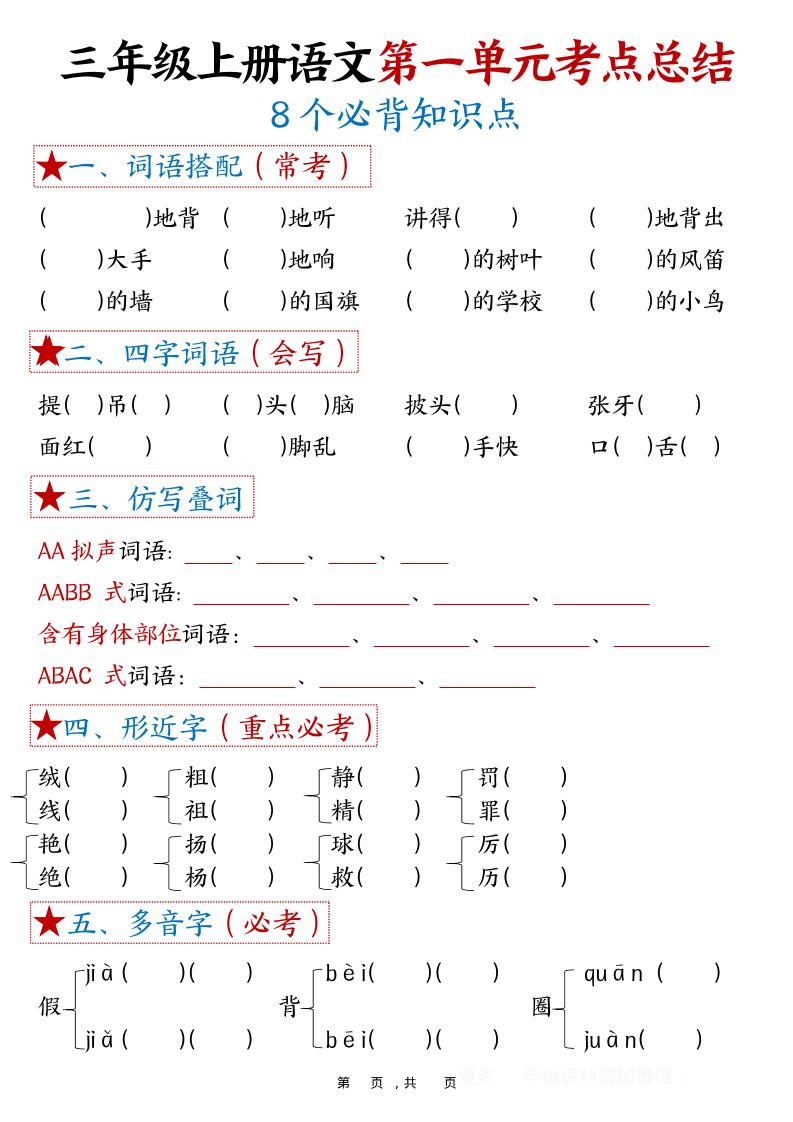 三年级上语文1-8单元考点总结（8个必背知识点）-创业信息网