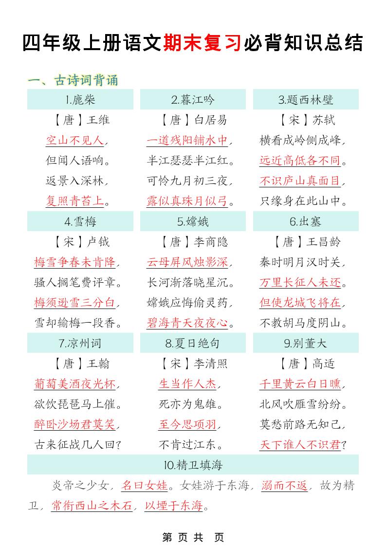 四年级上语文期末复习必背知识总结-创业信息网