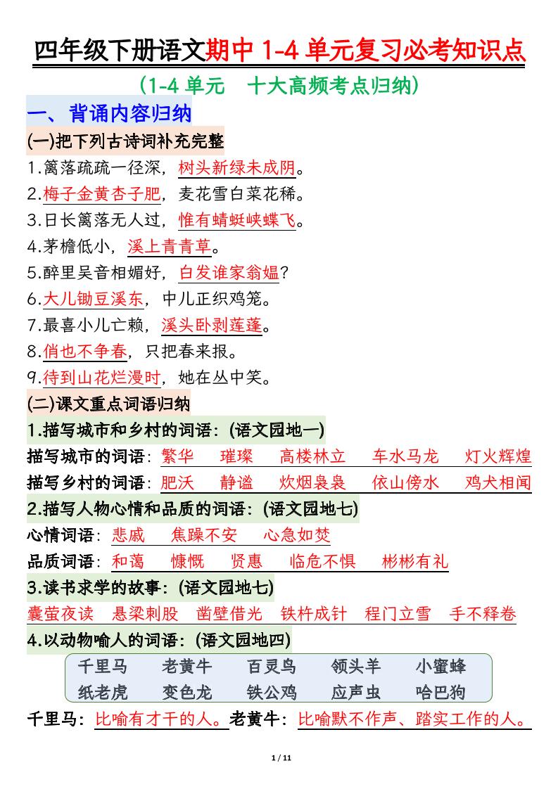 四年级下语文期中1-4单元复习必考知识点-创业信息网