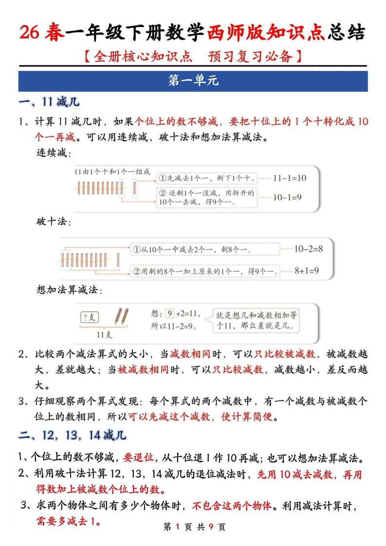 一年级下数学全册知识点总结《西师版》-创业信息网