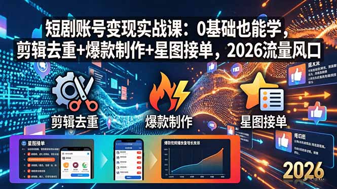 短剧账号变现实战课:0基础也能学,剪辑去重+爆款制作+星图接单,2026流量风口
