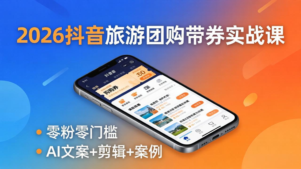 2026抖音旅游团购带券实战课:零粉零门槛,AI文案+剪辑+案例,躺着赚门票佣金