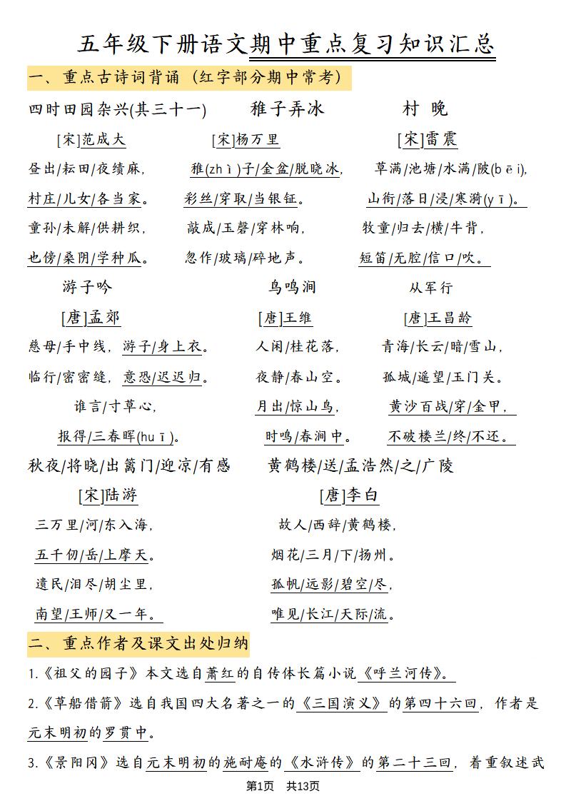 五年级下语文期中重点复习知识汇总-创业信息网