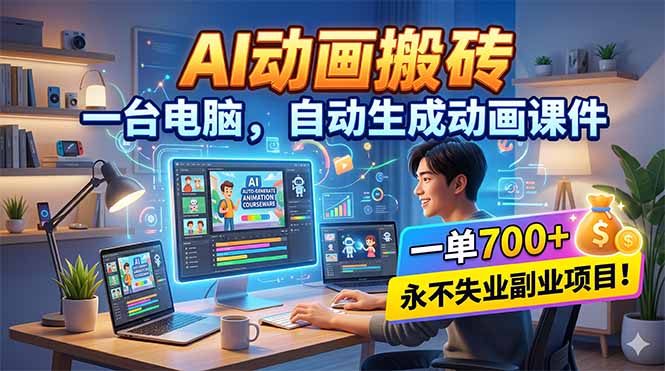 AI动画搬砖,一台电脑,自动生成动画课件,一单800+ 永不失业副业项目!