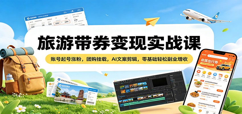 旅游带券变现实战课：账号起号涨粉，团购挂载，AI文案剪辑，零基础轻松副业增收-创业信息网