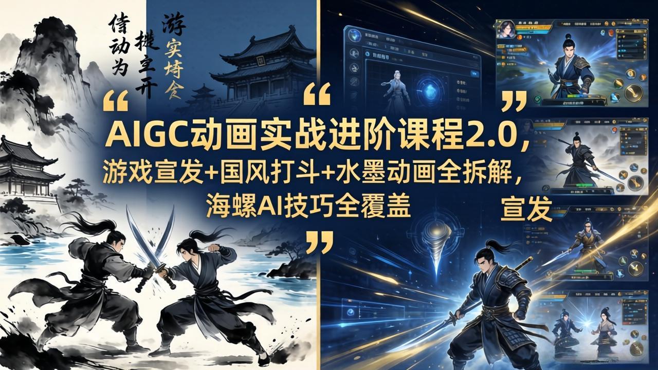 AIGC动画实战进阶课程2.0,游戏宣发+国风打斗+水墨动画全拆解,海螺AI技巧全覆盖