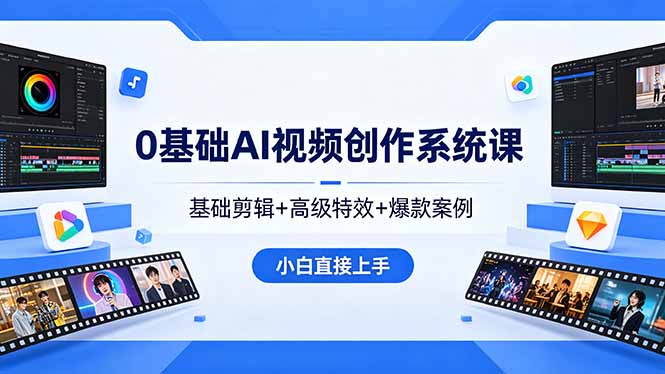 0基础AI视频创作系统课,基础剪辑+高级特效+爆款案例,小白直接上手