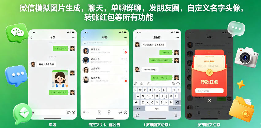 微信模拟图片生成，聊天，单聊群聊，发朋友圈，自定义名字头像，转账红包等所有功能都可以生成-创业信息网