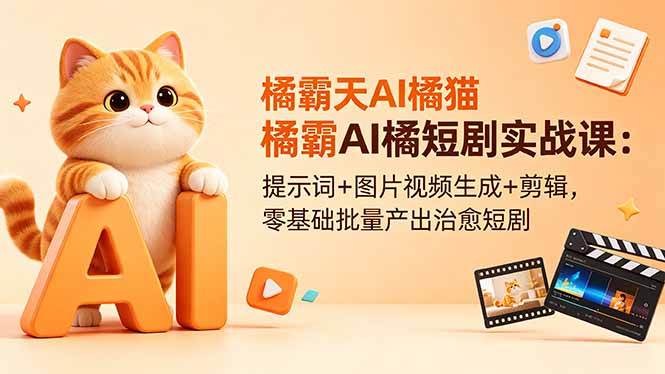 橘霸天AI橘猫短剧实战课:提示词+图片视频生成+剪辑,零基础批量产出治愈短剧