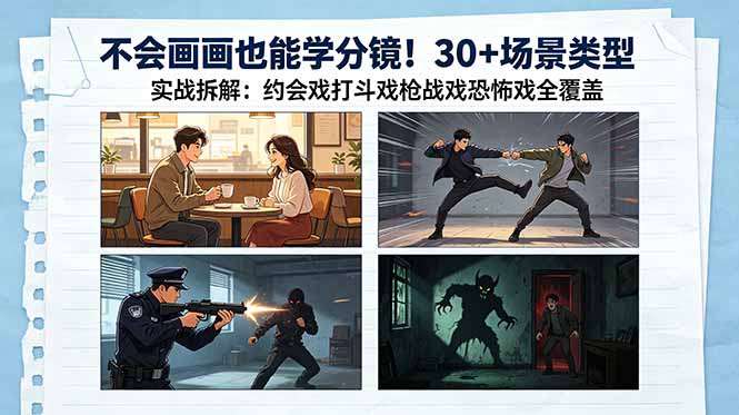 不会画画也能学分镜!30+场景类型实战拆解:约会戏打斗戏枪战戏恐怖戏全覆盖