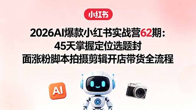 2026AI爆款小红书实战营62期:45天掌握定位选题封面涨粉脚本拍摄剪辑开店带货全流程