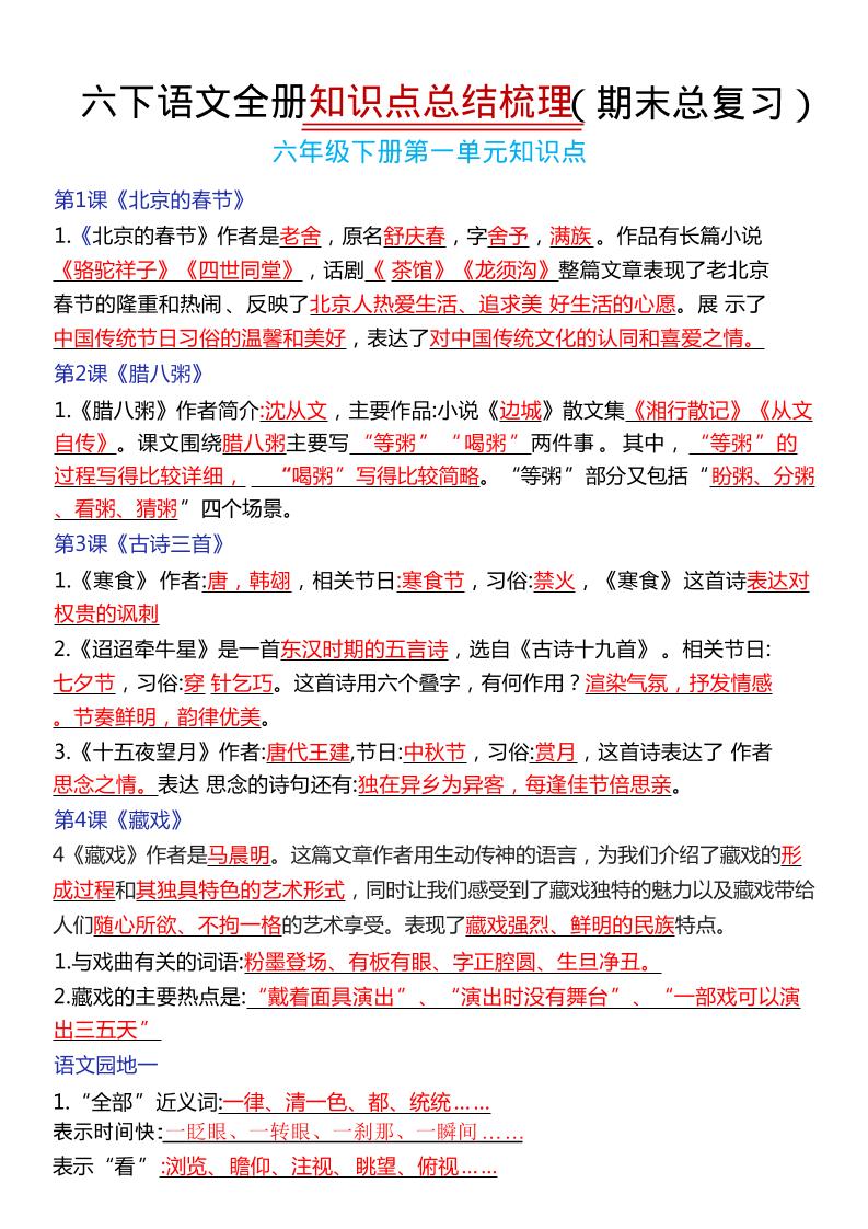 六年级下语文期末复习常考知识点总结-创业信息网
