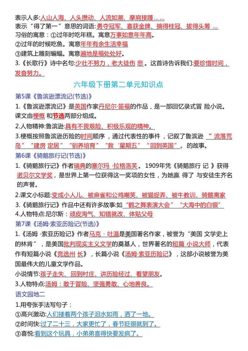 六年级下语文期末复习常考知识点总结