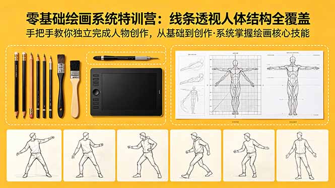 零基础绘画系统特训营:线条透视人体结构全覆盖,手把手教你独立完成人物创作