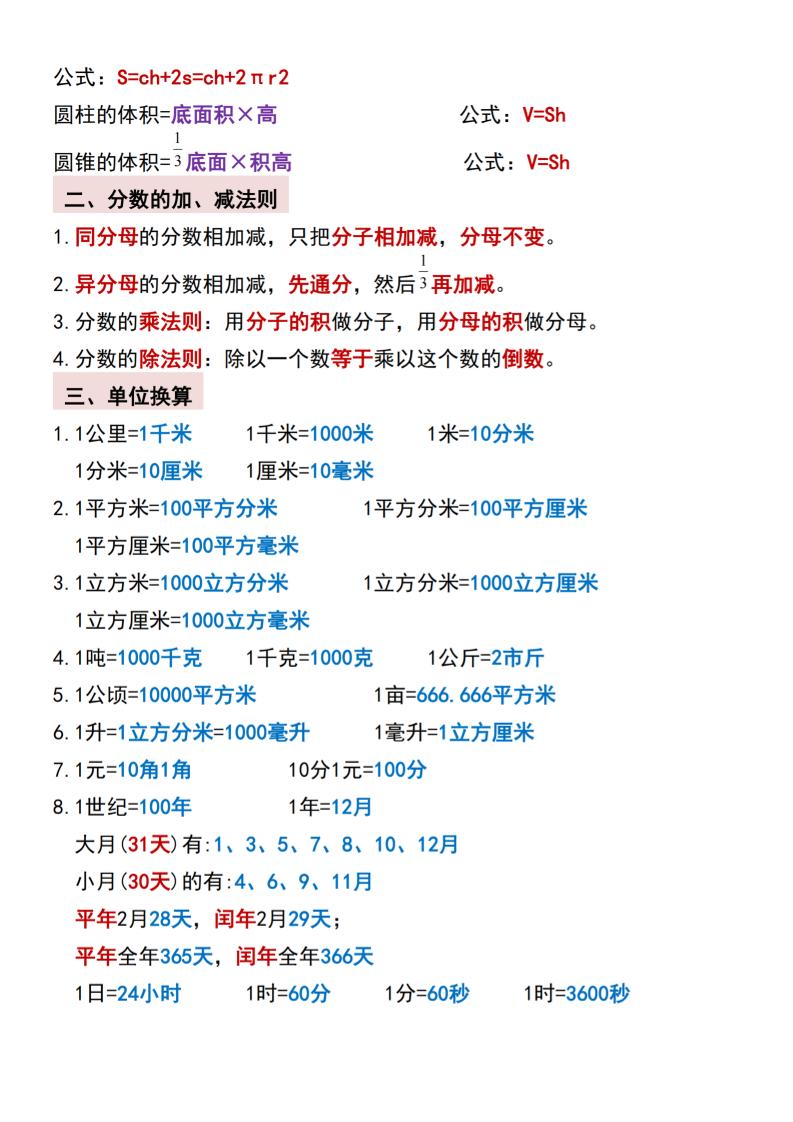 六年级下数学小升初期末必背公式大全