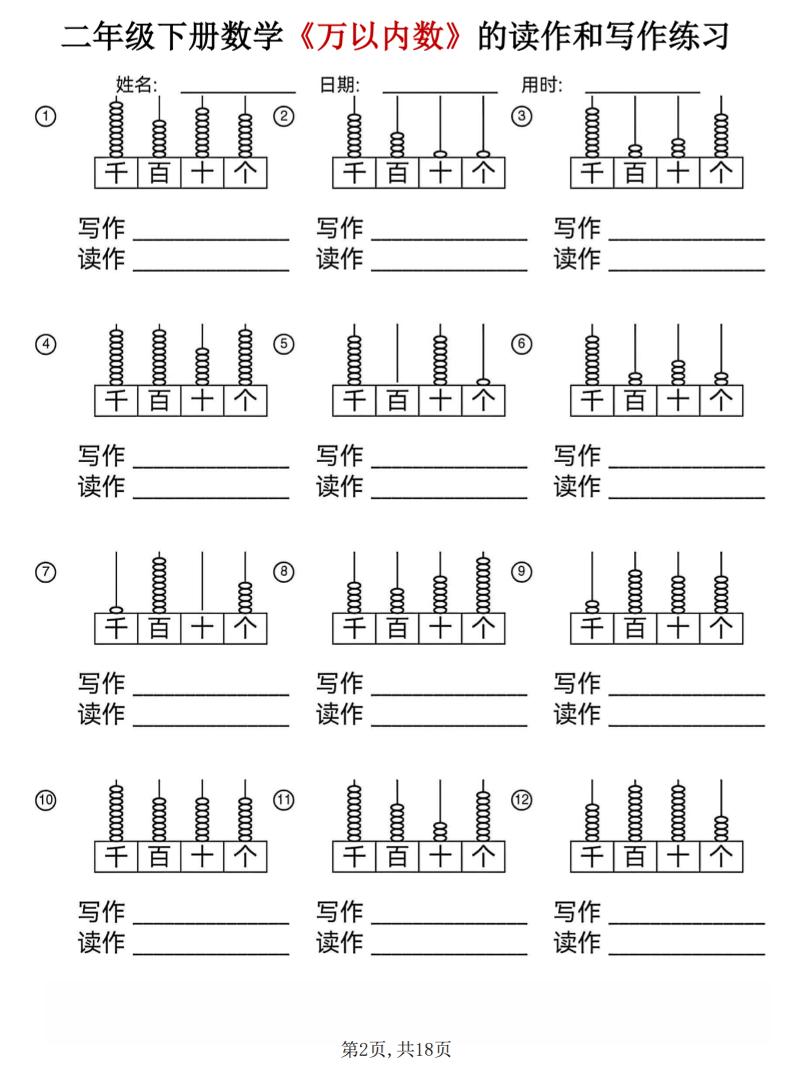 二年级下数学《万以内数》的读作和写作练习