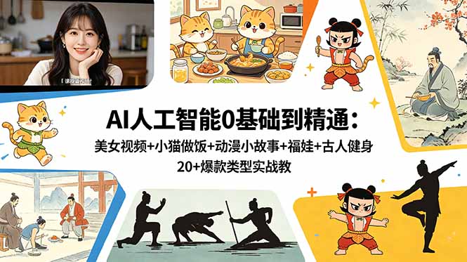 AI人工智能0基础到精通:美女视频+小猫做饭+动漫小故事+福娃+古人健身,20+爆款类型实战教学