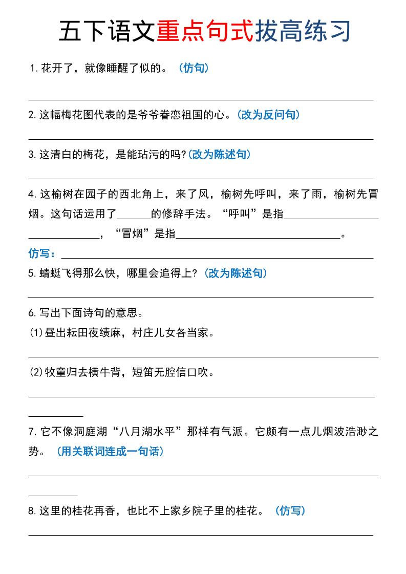 五年级下语文《重点句式》拔高练习-创业信息网