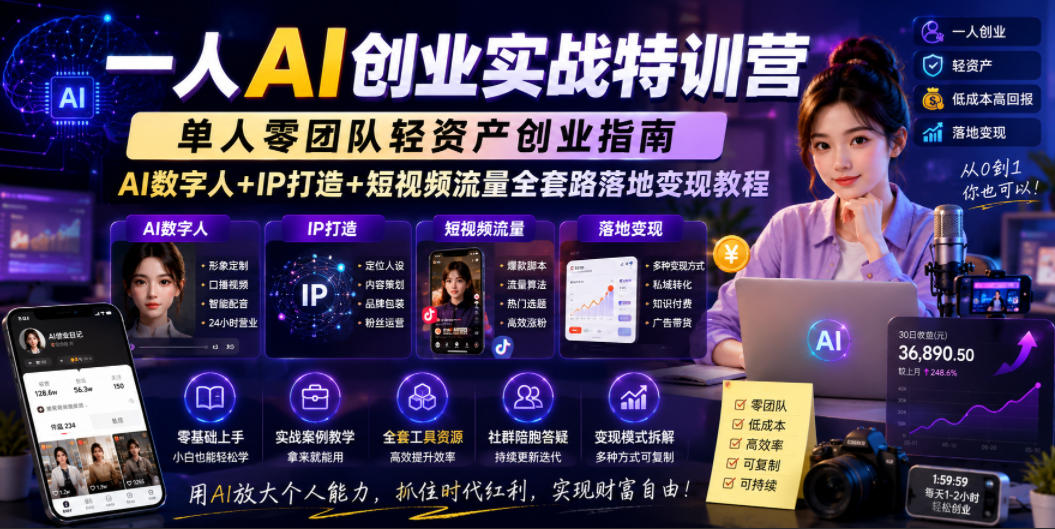 一人AI创业实战特训营，单人零团队轻资产创业指南，AI数字人+IP打造+短视频流量全套路落地变现教程-创业信息网