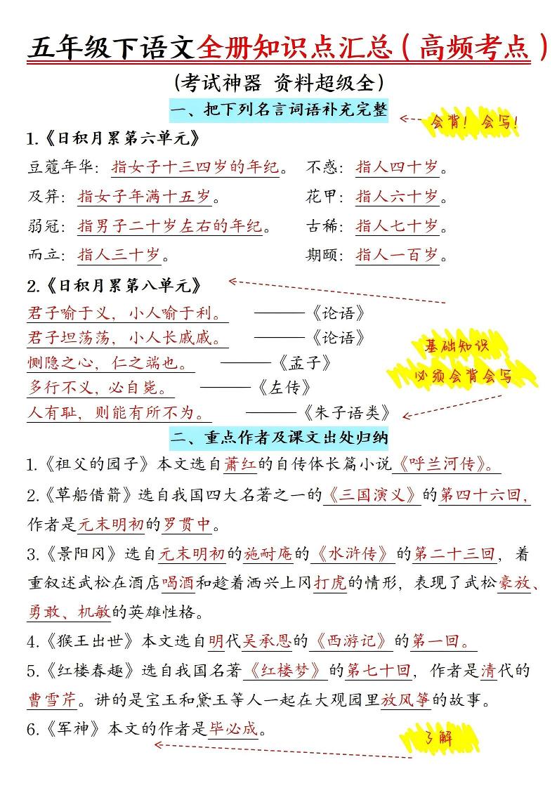 五年级下语文期末全册知识点汇总高频考点-创业信息网
