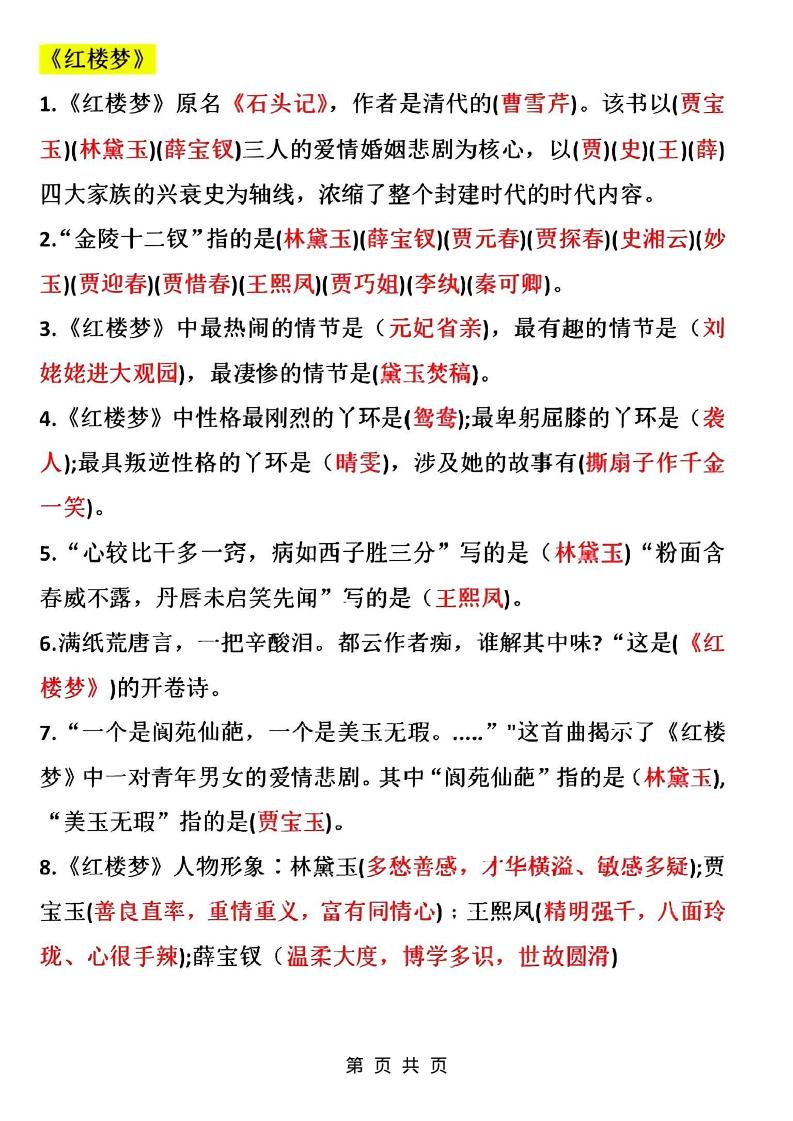 五年级下语文四大名著常考知识点精简版