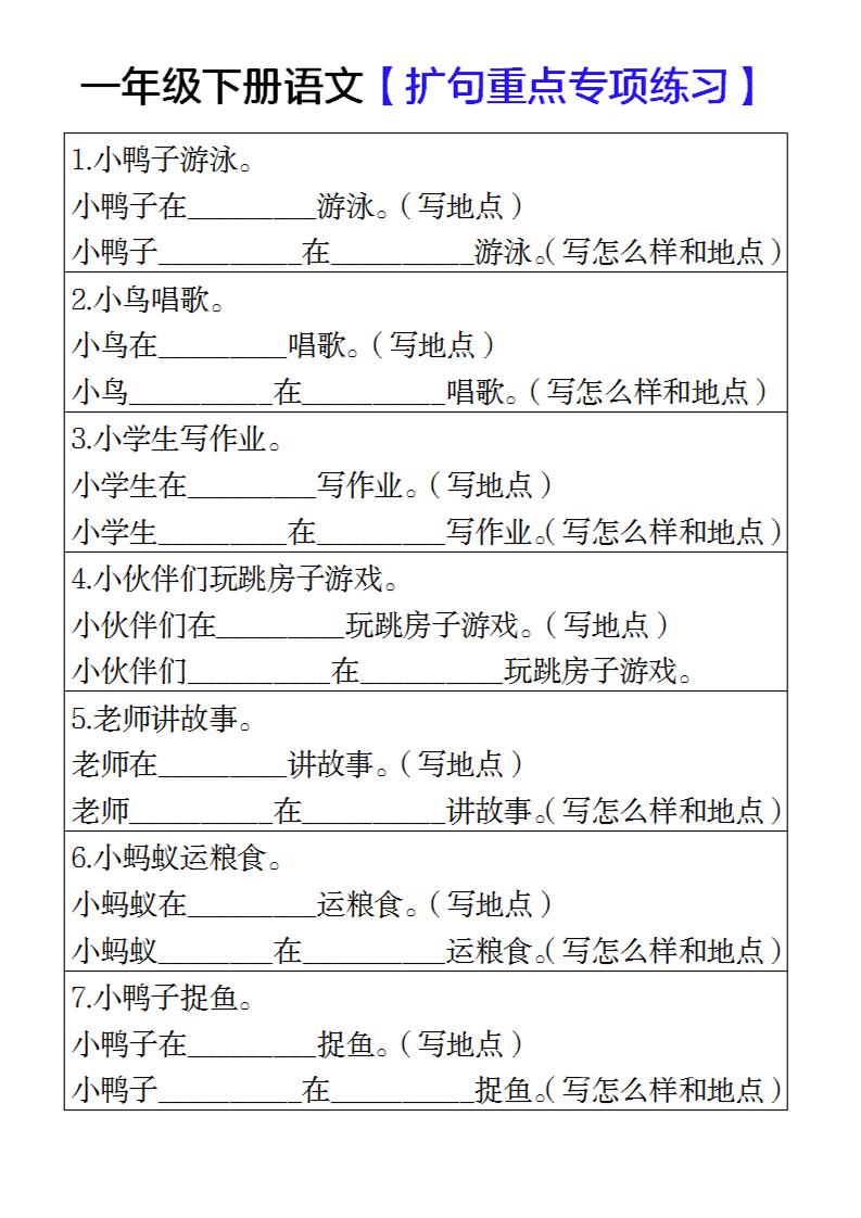一年级下册语文扩句重点专项练习-创业信息网