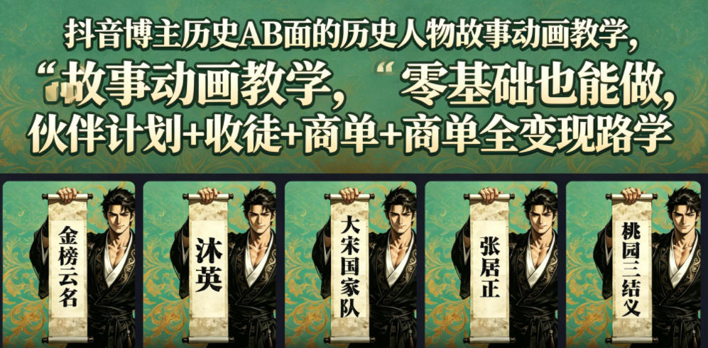 抖音博主历史AB面的历史人物故事动画教学，零基础也能做，伙伴计划+收徒+商单全变现路径教学-创业信息网