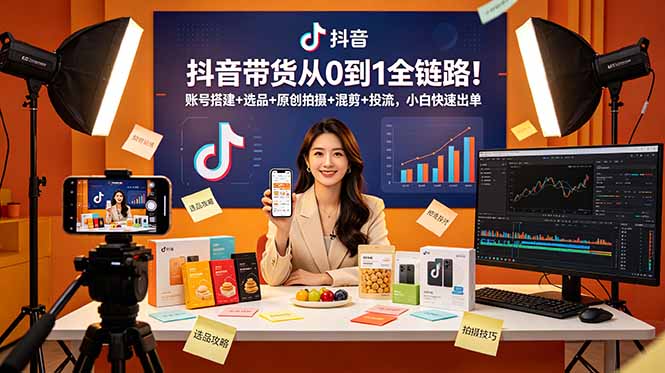 抖音带货从0到1全链路!账号搭建+选品+原创拍摄+混剪+投流,小白快速出单