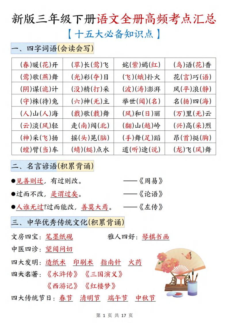 三年级下语文期末复习高频考点汇总（十五大必备知识点）-创业信息网