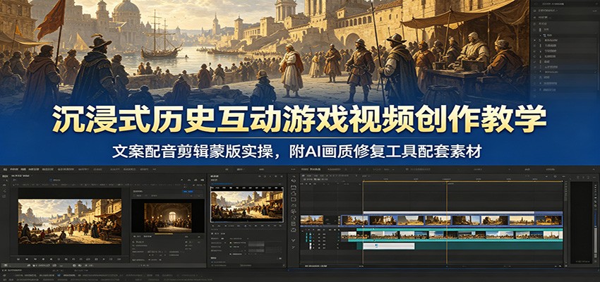 沉浸式历史互动游戏视频创作教学：文案配音剪辑蒙版实操，附AI画质修复工具配套素材-创业信息网