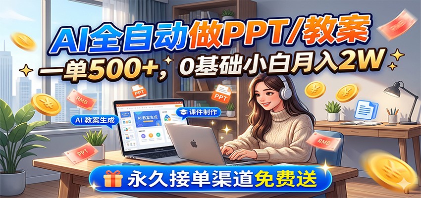 AI全自动做PPT/教案,一单500+,0基础小白月入2W,永久接单渠道免费送-创业信息网