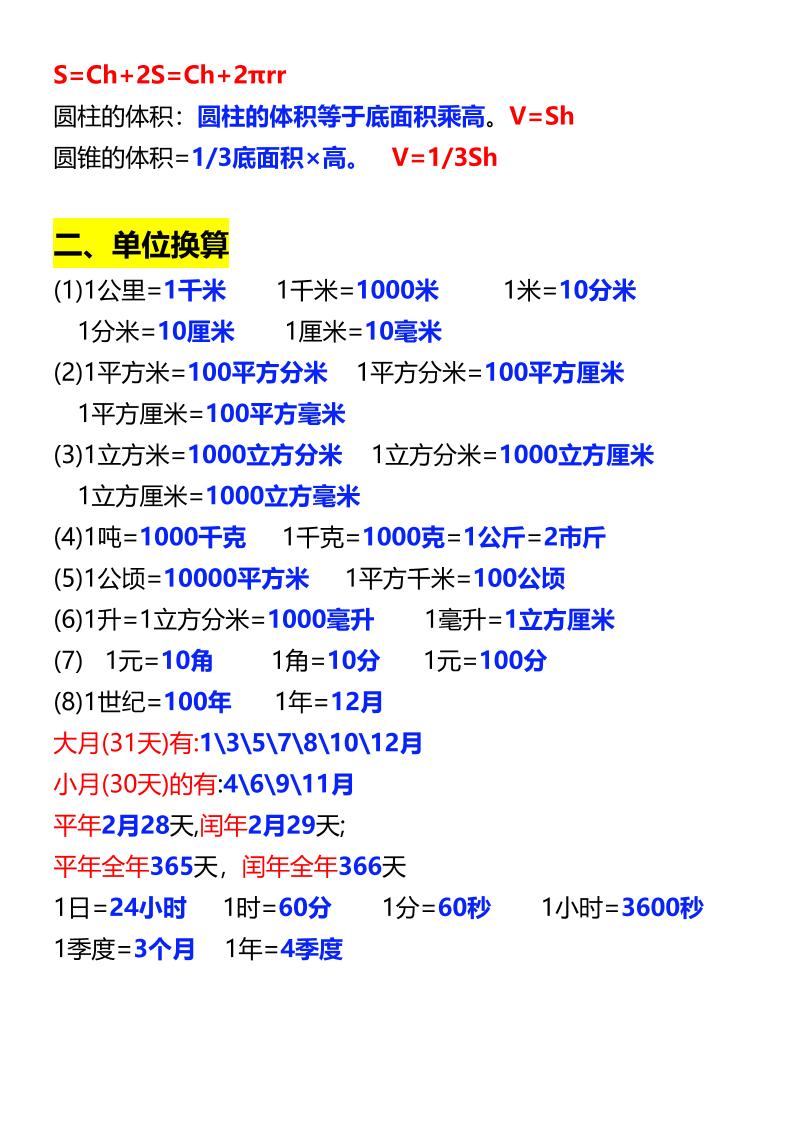 26春六年级下数学期末必背公式大全