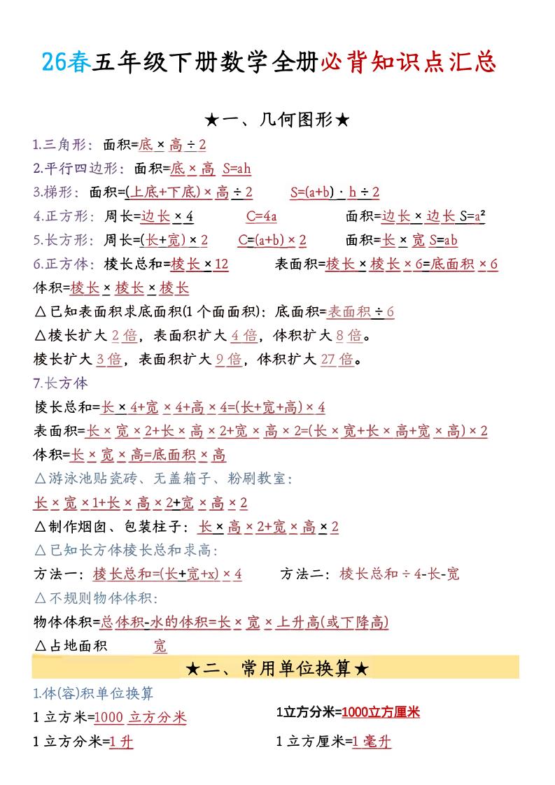 26春五年级下数学期末必背公式汇总-创业信息网