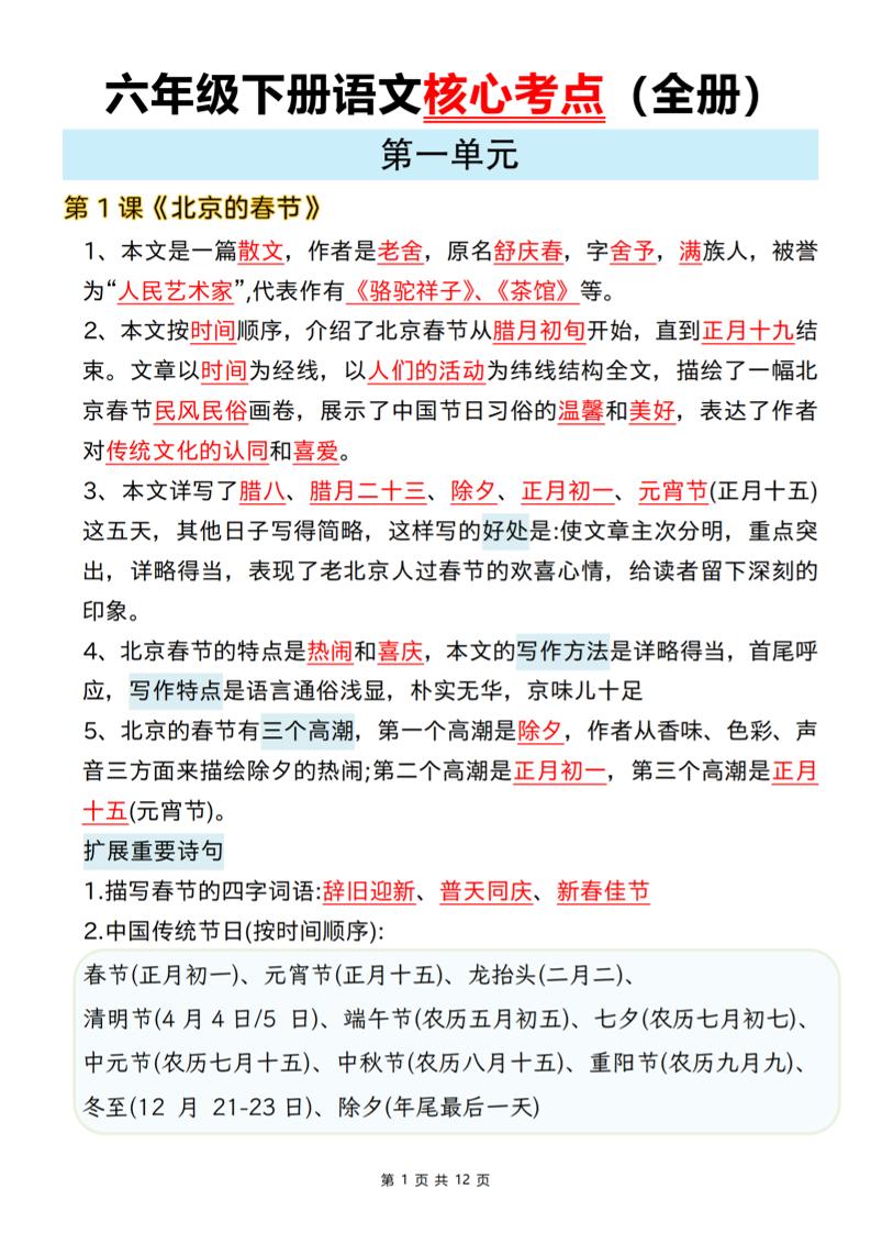 六年级下语文期末全册课文核心考点-创业信息网