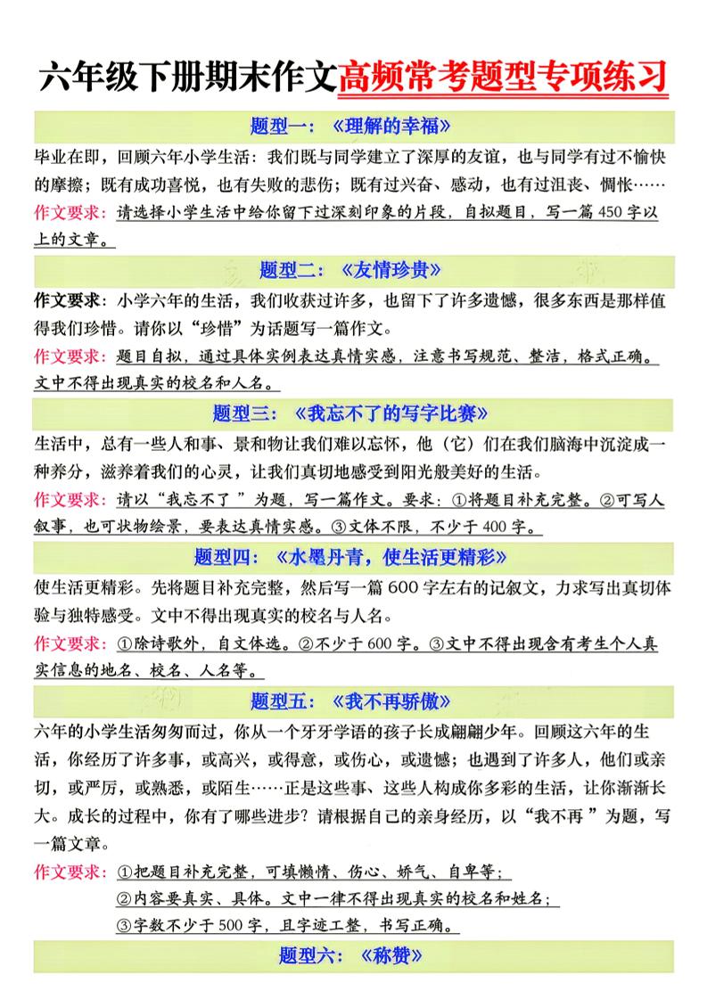 26新六年级下册语文期末作文高频常考题型专项练习-创业信息网