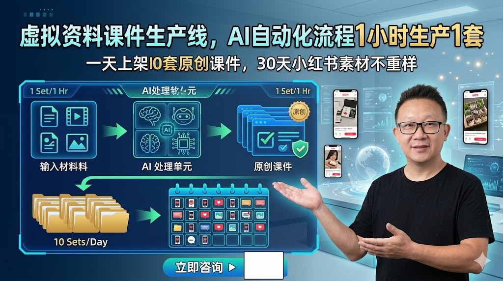 虚拟资料课件生产线,AI自动化流程1小时生产1套,一天上架10套原创课件,30天小红书素材不重样
