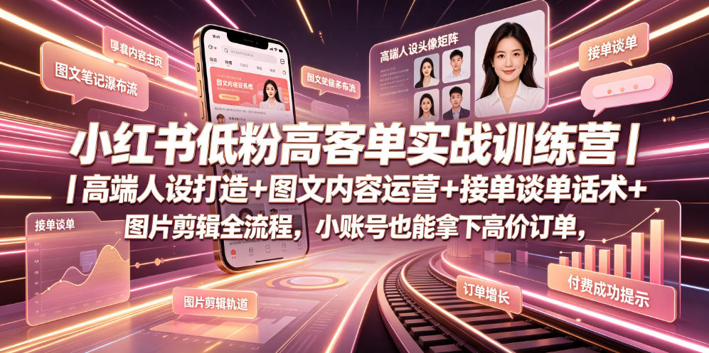 小红书低粉高客单实战训练营｜高端人设打造+图文内容运营+接单谈单话术+图片剪辑全流程，小账号也能拿下高价订单-创业信息网