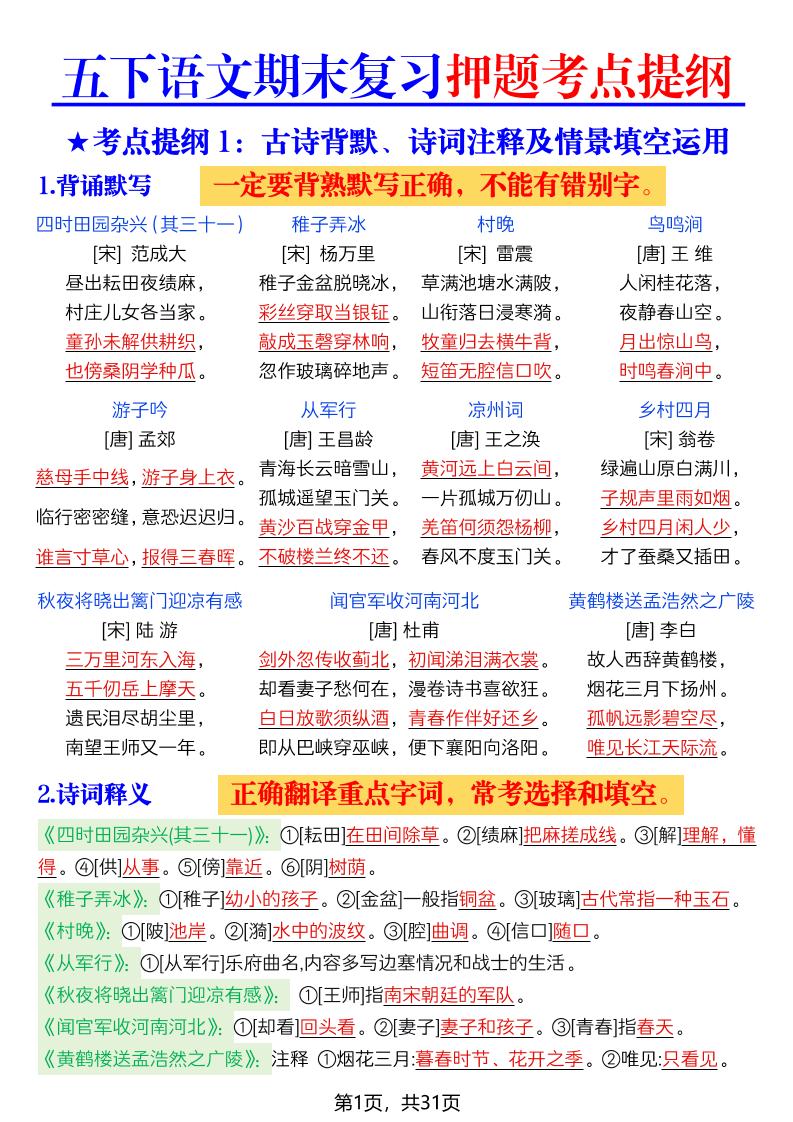 26春五年级下语文期末复习押题考点提纲-创业信息网