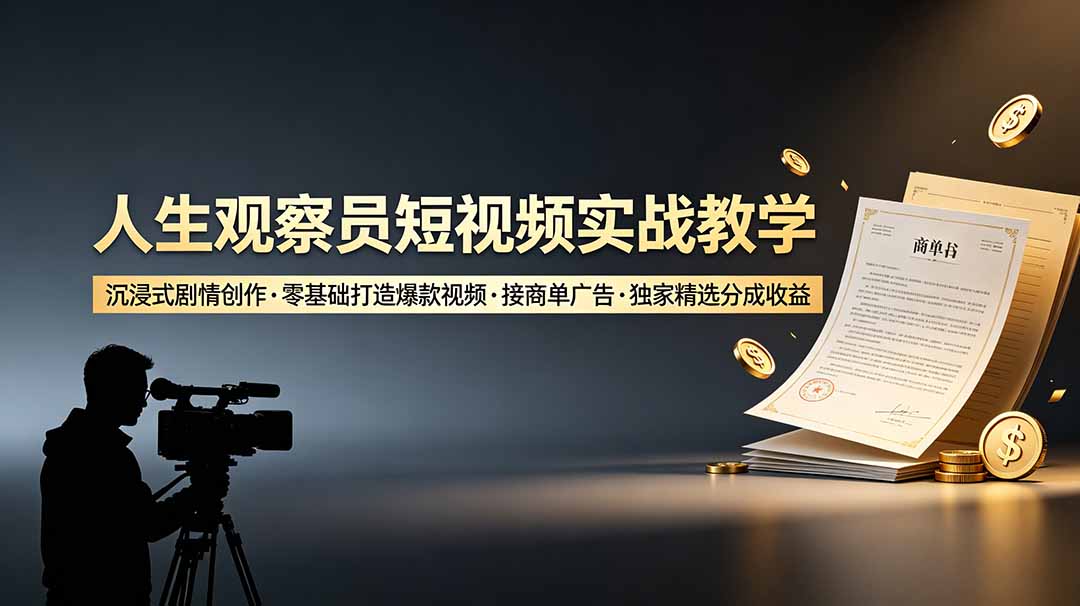 人生观察员短视频实战教学,沉浸式剧情创作,零基础打造爆款视频,接商单广告,独家精选分成收益
