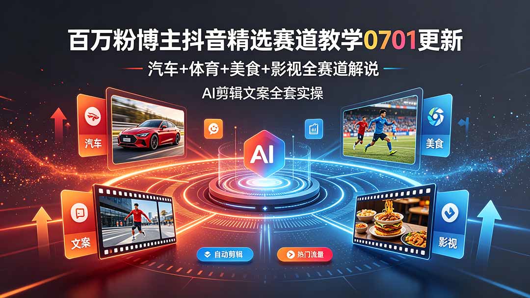 百万粉博主抖音精选赛道教学-0701更新,汽车+体育+美食+影视全赛道解说,AI剪辑文案全套实操