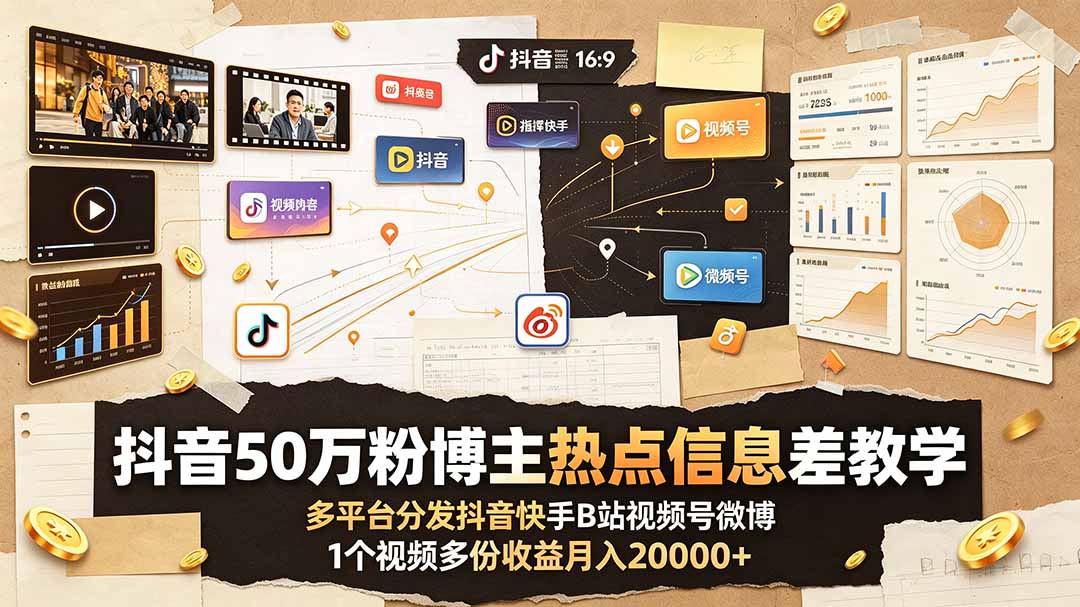 抖音50万粉博主热点信息差教学:多平台分发抖音快手B站视频号微博,1个视频多份收益月入20000+