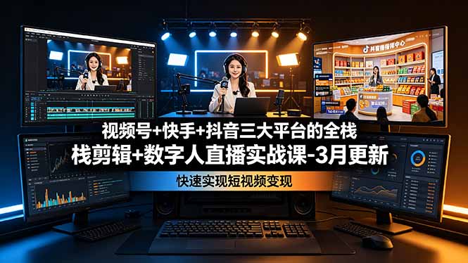 视频号+快手+抖音三大平台的全栈剪辑+数字人直播实战课-3月更新:快速实现短视频变现