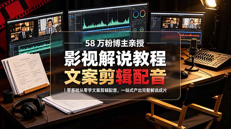 58 万粉博主荧幕春秋亲授影视解说教程|零基础从零学文案剪辑配音,一站式产出完整解说成片