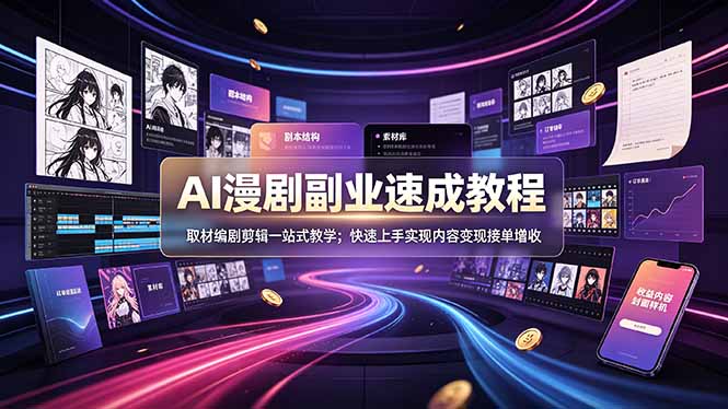 AI漫剧副业速成教程,取材编剧剪辑一站式教学;快速上手实现内容变现接单增收