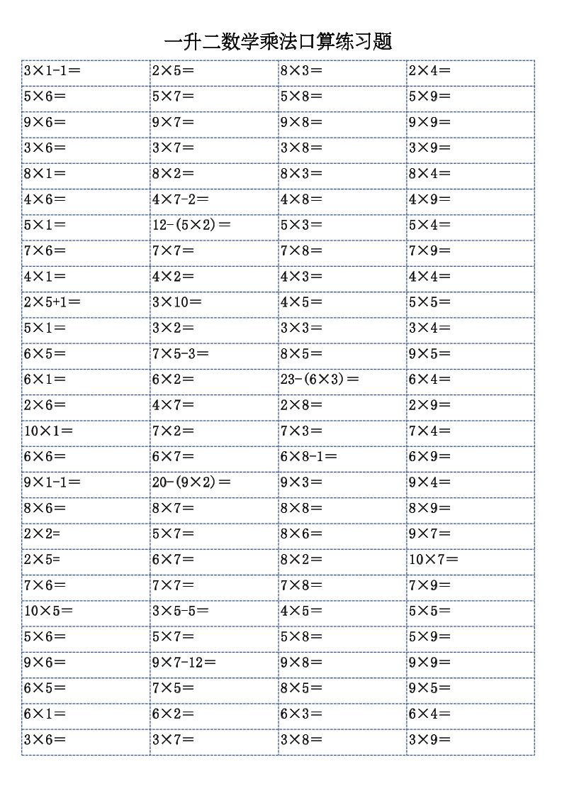 一升二数学乘法口算练习题-二上-创业信息网